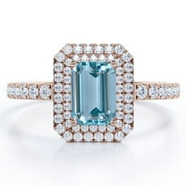 JeenMata 1.35 Carat Emerald Cut Seafoam Created Aquamarine and Moissanite - Pave Design - Double Halo Engagement Ring - 18K Rose Gold Plating over Silver