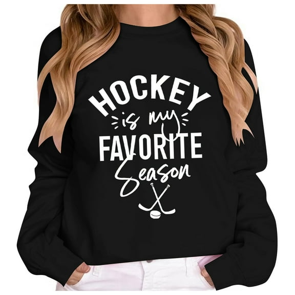 Womens Graphic Sweatshirts Oversized Vintage Hockey Retro Letter Print Long Sleeve Shirts Fall Fashion Relaxed Fit Tunics Black L