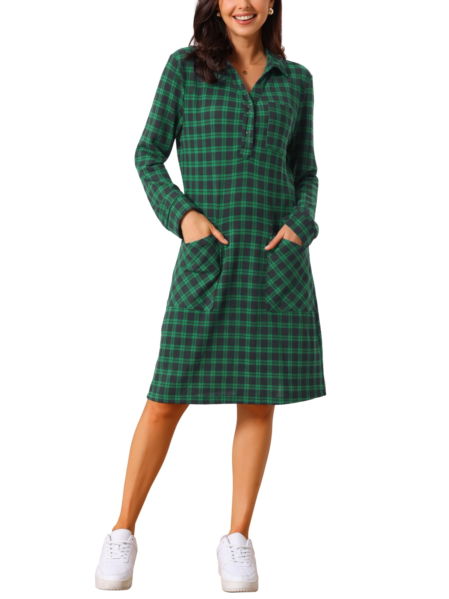 DARING DIVA Women's Vintage Plaid Long Sleeve Casual Knee Length Dress S Dark Green