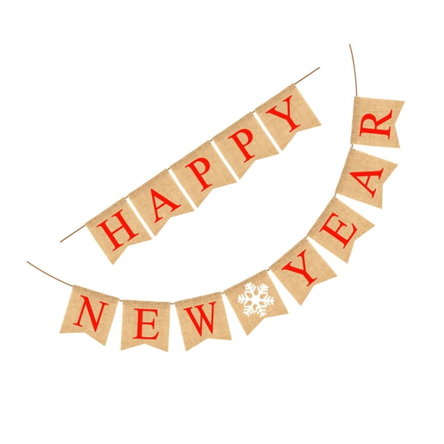 WASHWEPE Burlap New Year Party Banners Swallowtail for Happy New Year Decorations 1 Set