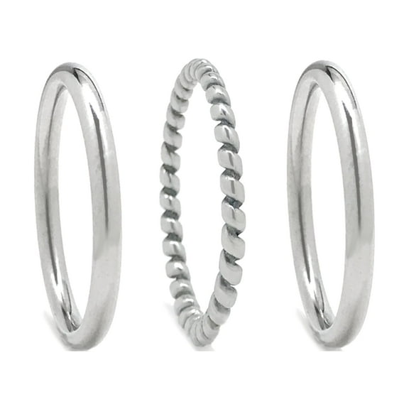 2mm Stacking Ring Set of 3 Stainless Steel Silver Plain Round and Textured - Size 8