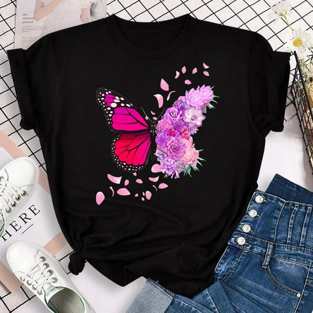 Nueva Camiseta De Mariposa Púrpura Con Estampado De Pétalos De Flores Para Mujer , Manga Corta , Cuello Redondo , Casual Versátil , Tops Ropa De Primavera Y Verano