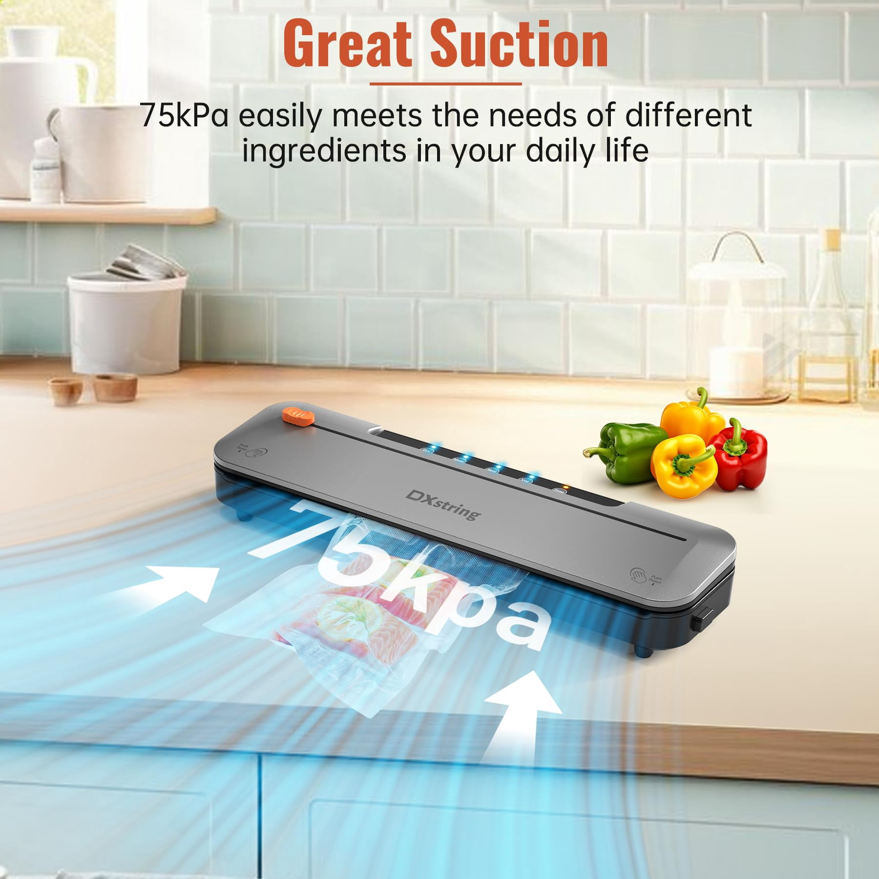 Vacuum Sealer, 75KPa Vacuum Sealer Machine, 5-in 1 Fully Automatic Food Sealer with Starter Kits with 15 Bags, Food Vacuum Saver for Dry/Wet Food, with Cutter, Easy Clean, Compact