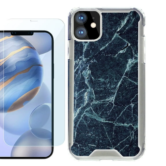 For Apple iPhone 12 Case, iPhone 12 Pro Case, Hybrid Bumper Phone case, with Tempered Glass Screen Protector, by OneToughShield ® - Marble / Blue