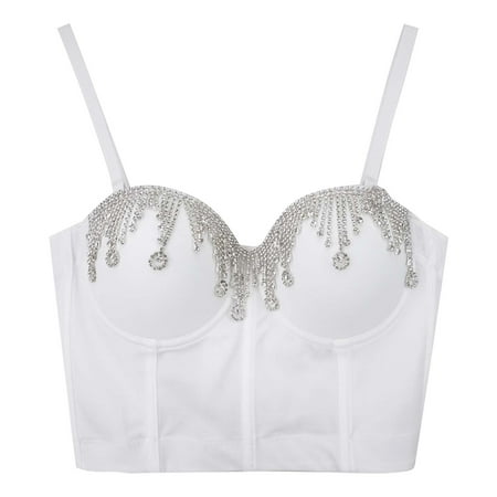 

Fabiurt Women s Bra Deep V With Encrusted Shape And Shape Hot Girl Nightclub Top White