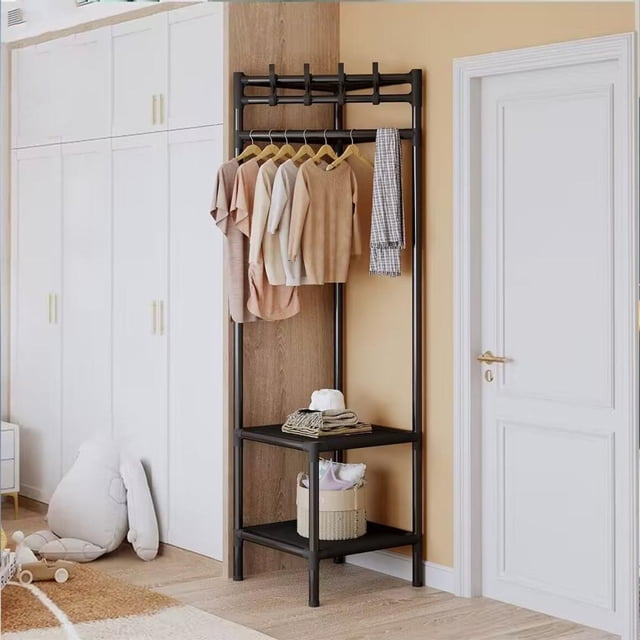 Feltree Freestanding Corner Coat Rack with 2 Shelves, Hall Tree for Entryway Bedroom