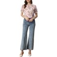thumbnail image 2 of INSPIRE CHIC Women's Chiffon Tops Short Sleeves Ruffled Trim Floral Work Office Blouse M Pink Grey, 2 of 6