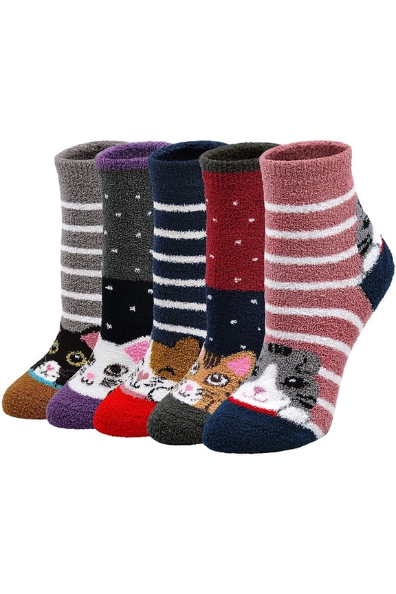Womens Fuzzy Socks, Cozy Winter Warm Fluffy Cute Cat Animal Home Slipper Ankle Socks for Women and Girls, 5 Pack