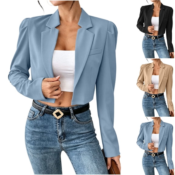 Womens Lapel Collar Cropped Jacket Long Sleeve Open Front Casual Commuter Outerwear Coat Sky Blue XS(XS)
