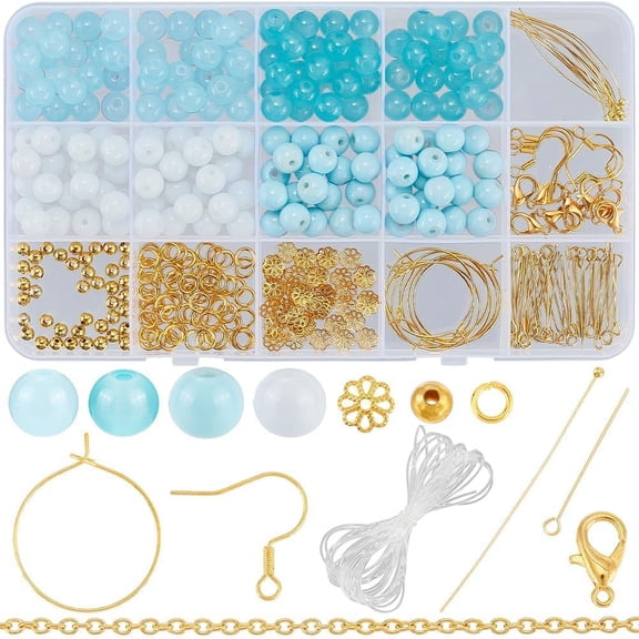1 Box 200Pcs 8mm Glass Bead Jewelry Kit Friendship Bracelet Kit Beads Blue Round Glass Bead Sets for Jewelry Making Supplies Bead Assortments DIY Earrings Necklace Craft Beginner DIY