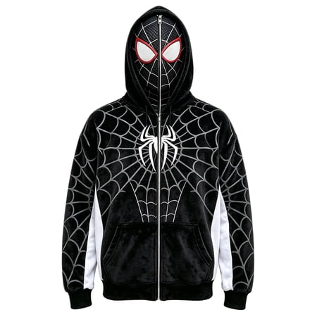 Kids Fleece Spider Cosplay Hoodie, Full Mask Zip Sweatshirt with All-Over Web Print, Warm Superhero Fleece Jacket for Cold Weather Halloween Events