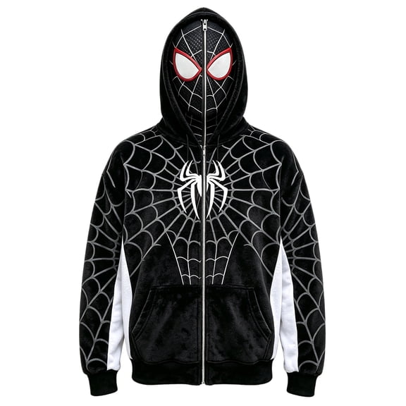 Superhero Costume Jacket Web Print Streetwear Spider Cosplay Hoodie Full Zip Mask Sweatshirt for Halloween