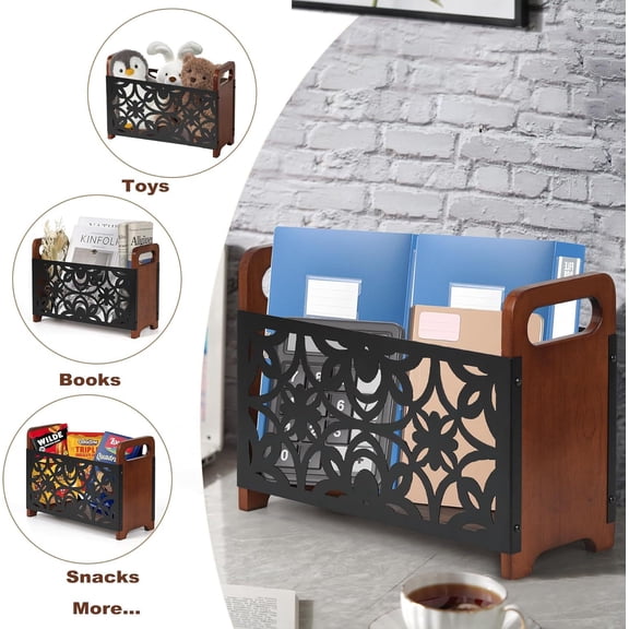 Rustic Wooden Magazine Rack - Floor Standing Document Storage Basket for Newspapers and Mail