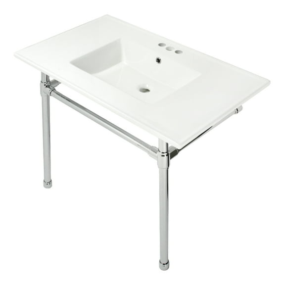 Kingston Brass KVPB37227W41 Dreyfuss 37" Ceramic Console Sink with Stainless Steel Legs (4-Inch, 3-Hole), White/Polished Chrome