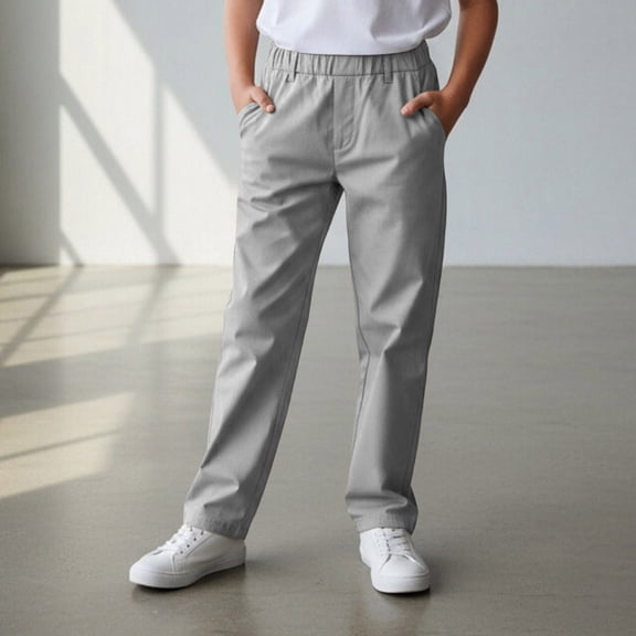 HOWPAY Boys Uniform Pants Pull on Stretch Dress Pants with Pockets Elastic Waistband Causal Lightweight Relaxed Fit School Clothes Grey