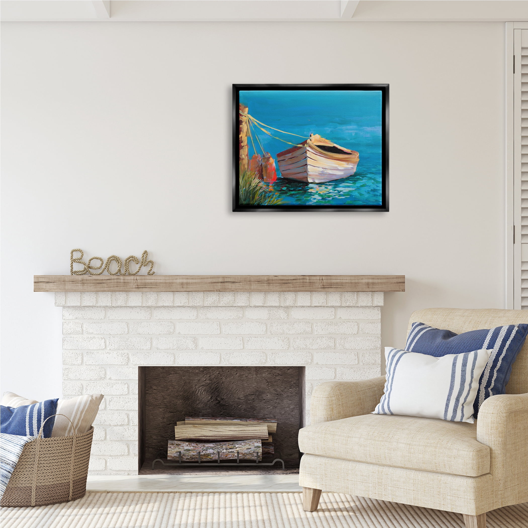 Stupell Industries Docked Boat in Lake Transportation Painting Black Floater Framed Art Print Wall Art, 31 x 25