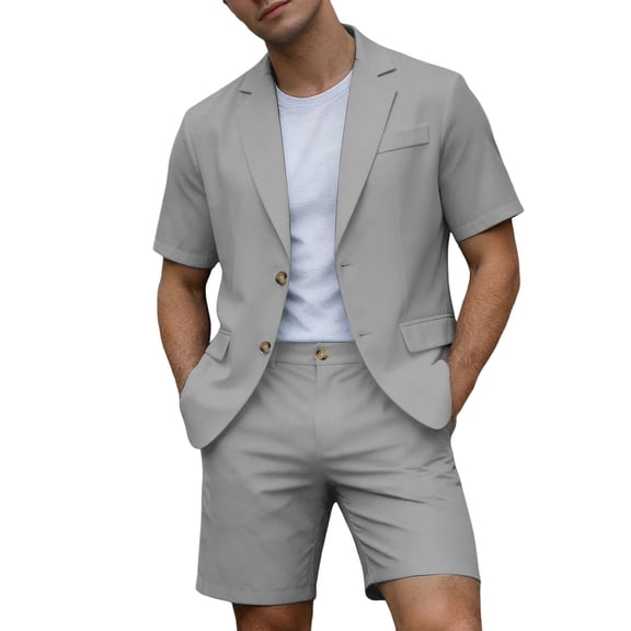 OOOUM Men 2 Piece Short Suit Lapel Two Button Short Sleeve Blazer Matching Shorts Lightweight Beach Wedding Party Vacation Casual Outfit Set Grey S