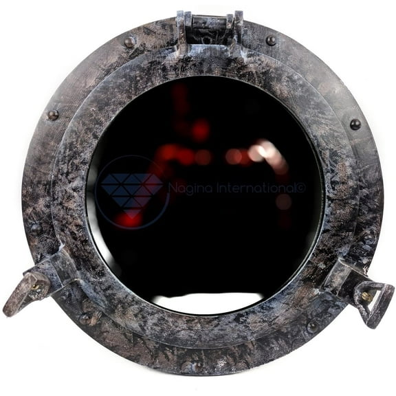 Nagina International 11" Rustic Grey Black Antique Porthole Mirror | Pirate's Ship Window Wall Hanging | Antique Decor
