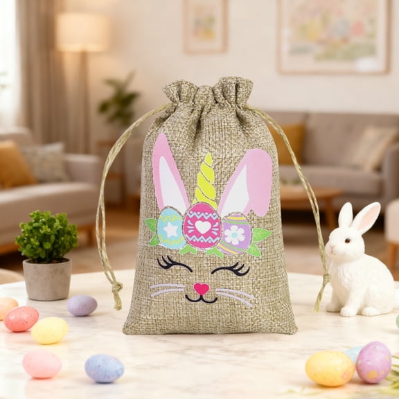 Taicans Easter Candy Bags with Bunny Print,Colorful Linen Drawstring Gift Bags 3.9x4.3in for Kids Easter Egg Hunt,Party Favors & Holiday Treats,1Pcs