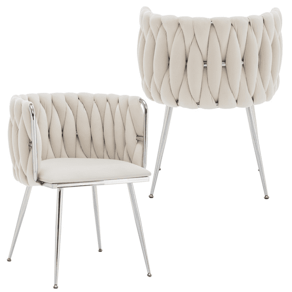 KATBOC Velvet Dining Chairs Set of 2, Modern Accent Chairs with PU Seat and Silver Metal Legs, for Dining Room, Kitchen, Living Room, Office Decor, Cream White