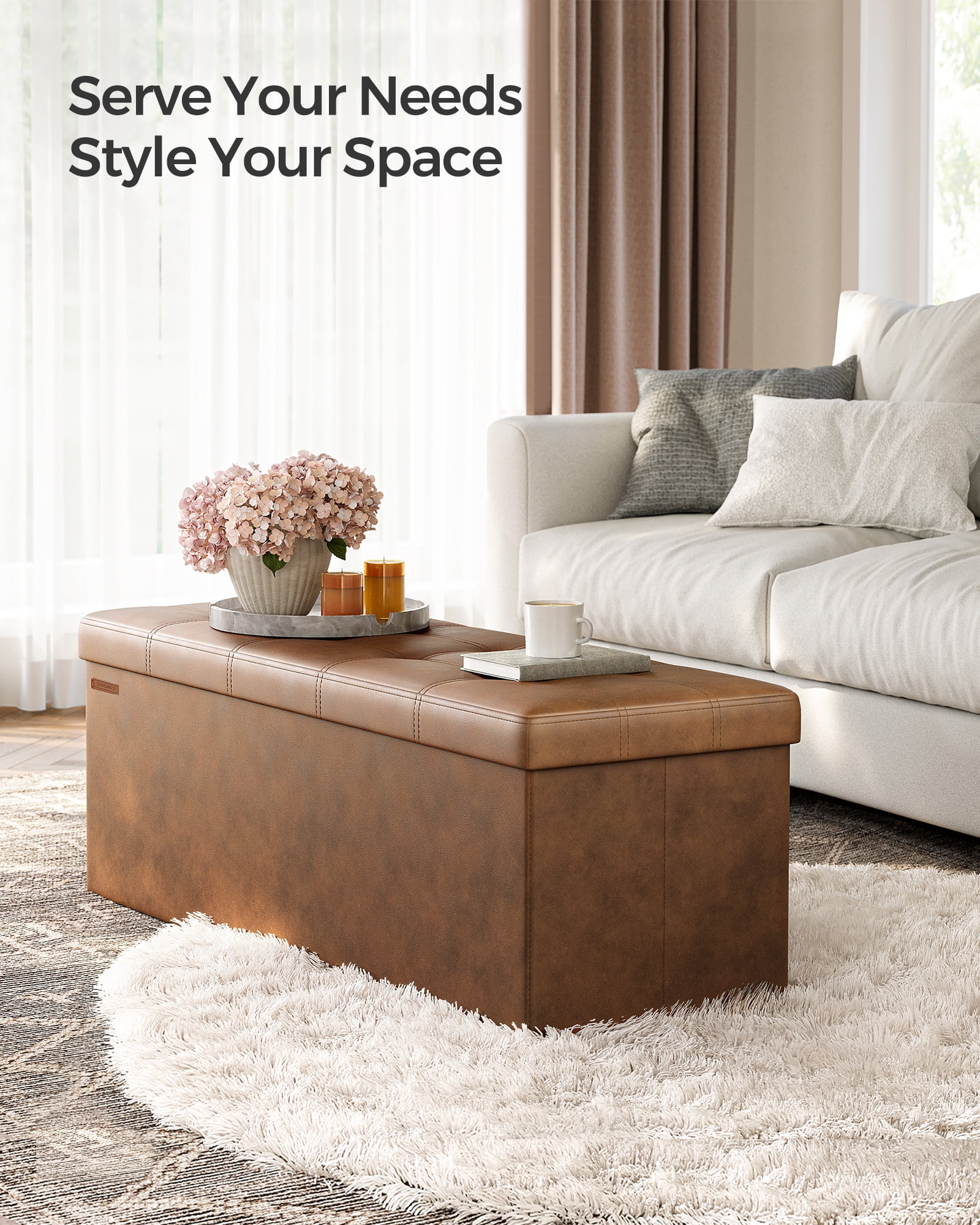 SONGMICS 43" Storage Ottoman Bench Leather Footstool Hold up to 660lb for Bedroom Coffee Brown