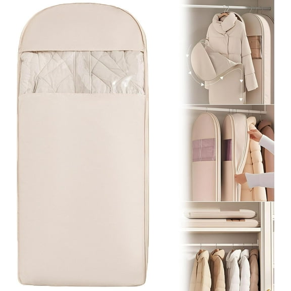 Space Saving Hanging Garment Bag with Self Compression Zipper,Otherwisie Space Saver Hanging Garment Bags for Closet Storage,Dust Cover Clothes Bags Travel Organizer for Down Coat Suit (Beige,XL)
