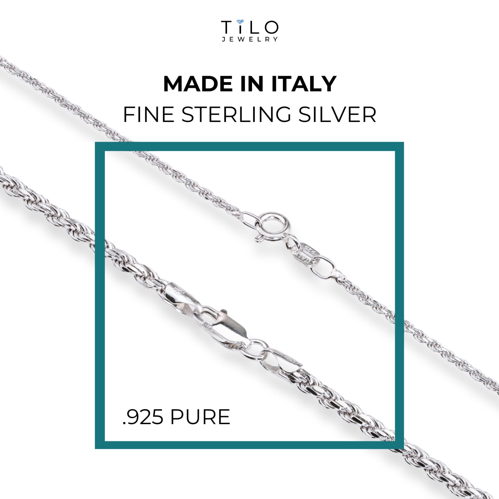 Tilo Jewelry Solid 925 Sterling Silver Rope Chain Necklace with Secure Lobster Lock | 1.75mm - 20 Inch | Everyday Necklace for Men, Women, Unisex