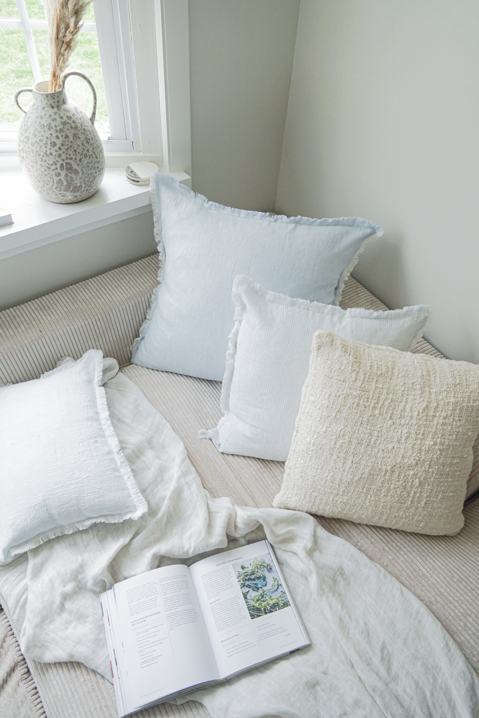Sky Blue Fringe Soft Linen Pillow 26x26 Pillow Cover Only
