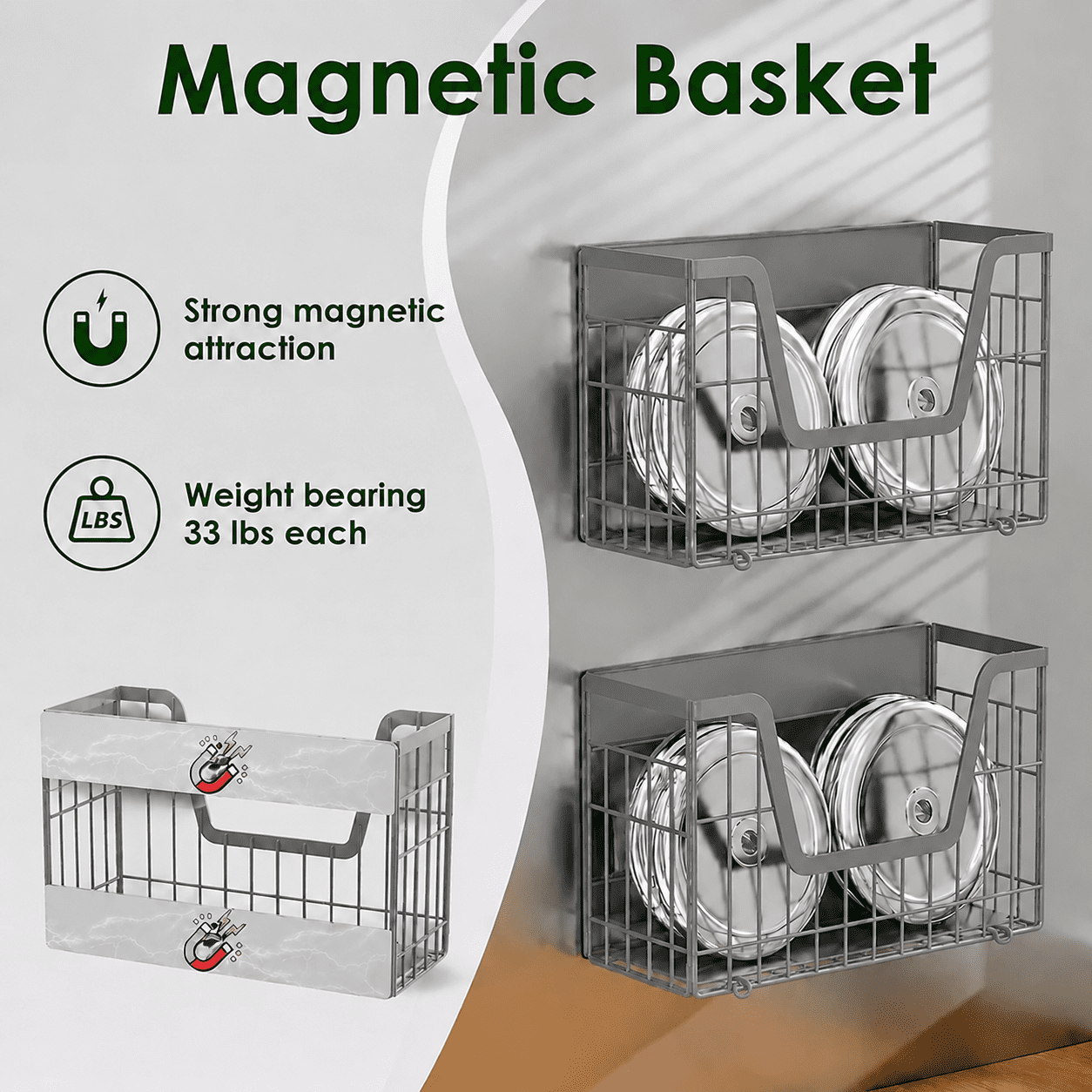 2 Set Magnetic Shelf for Fridge, Potato & Onion Storage Bins, Magnetic Fruit Basket for Refrigerator Pantry Kitchen Counter Laundry, Magnetic Fridge Organizer Spice Snacks Magnet Fridge Shelf Gray