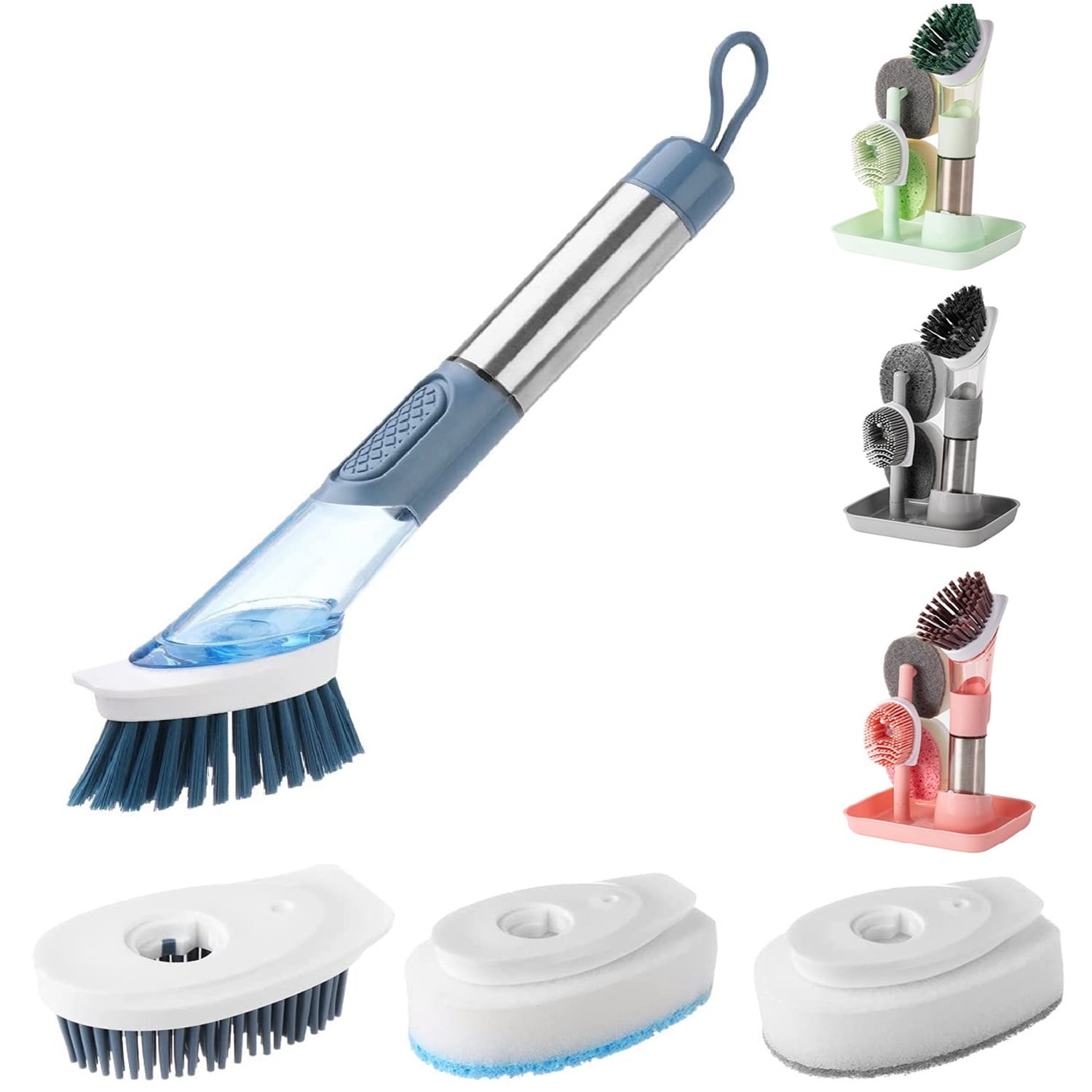 Soap Dispensing Washing Up Brush with Non Scratch Bristles and Stand 