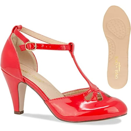 

Chase & Chloe New Kimmy-36 Women s Teardrop Cut Out T-Strap Mid Heel Dress Pumps