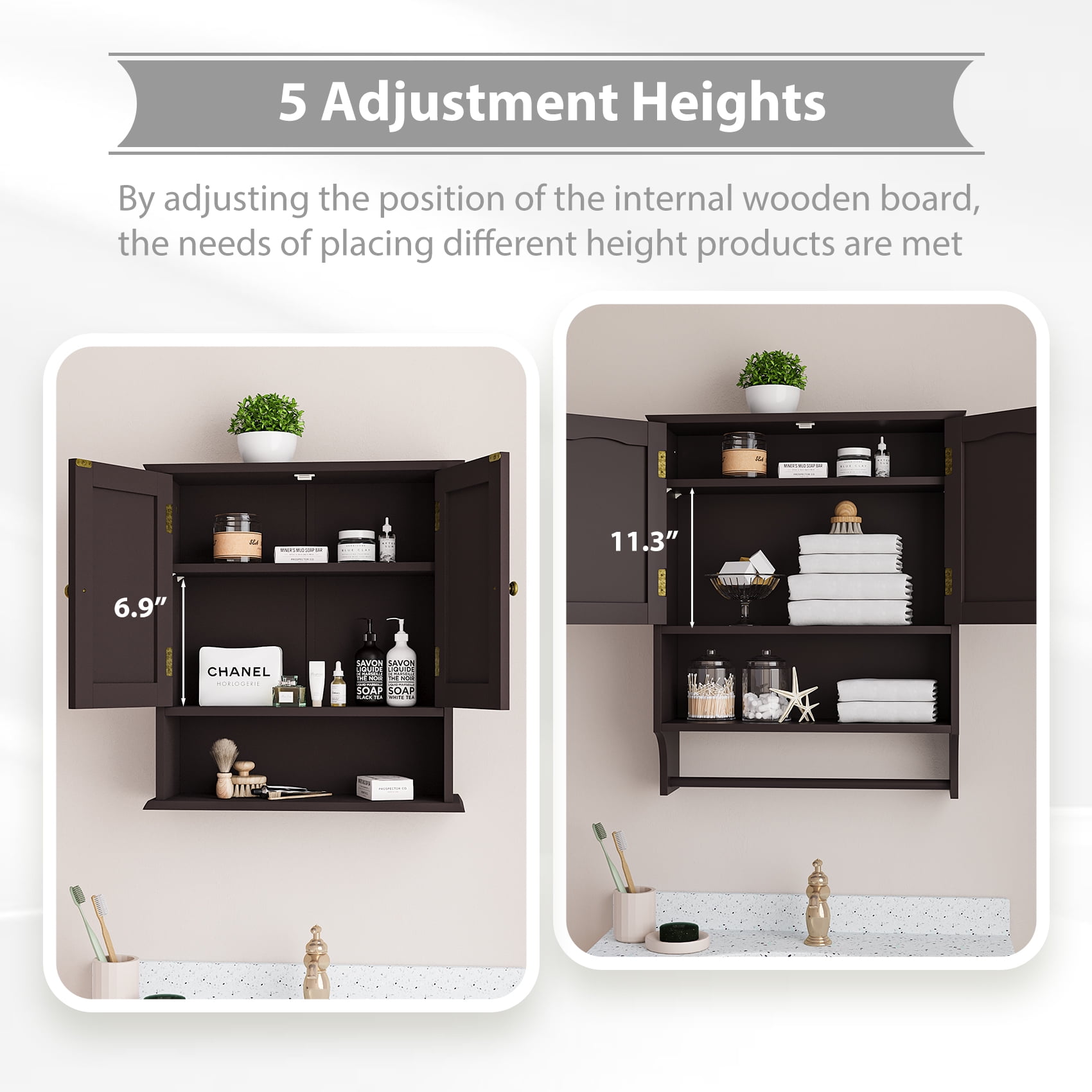 Semiocthome Bathroom Medicine Cabinet Wood 2 Doors Wall Cabinet over the Toilet Storage in Brown