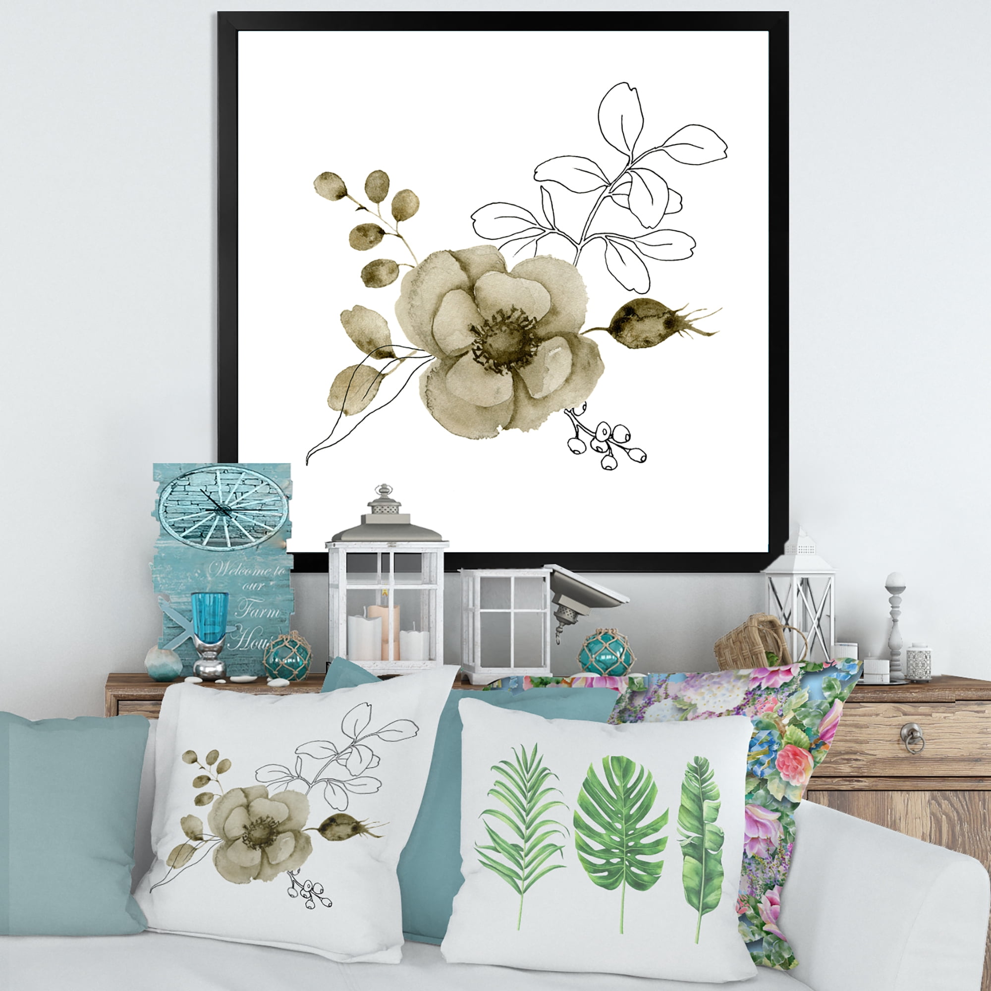 Designart 'Eucalyptus Branches With Anemone Bouquet Flower II' Traditional Framed Art Print