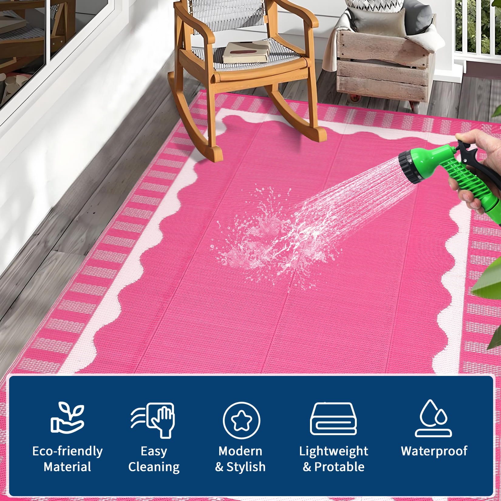 HIWEAVER 8' x 10' Pink Outdoor Rug PP Plastic Straw Woven Waterproof Patio Rug with Border Portable Outside Carpet for Balcony Deck Picnic Garden Decor