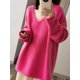 thumbnail image 2 of Suéter de cachemira de lujo nuevo otoño/invierno 2024 suéter de mujer rosa con cuello en V y hombros caídos suéter suelto de pura lana, 2 of 5