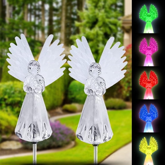 Rirool 2 Pack Solar Angel Garden Stake Lights, Color Changing LED Memorial Pathway Lights, Waterproof Outdoor Lawn Lights for Yard, Garden, Cemetery and Patio Decor
