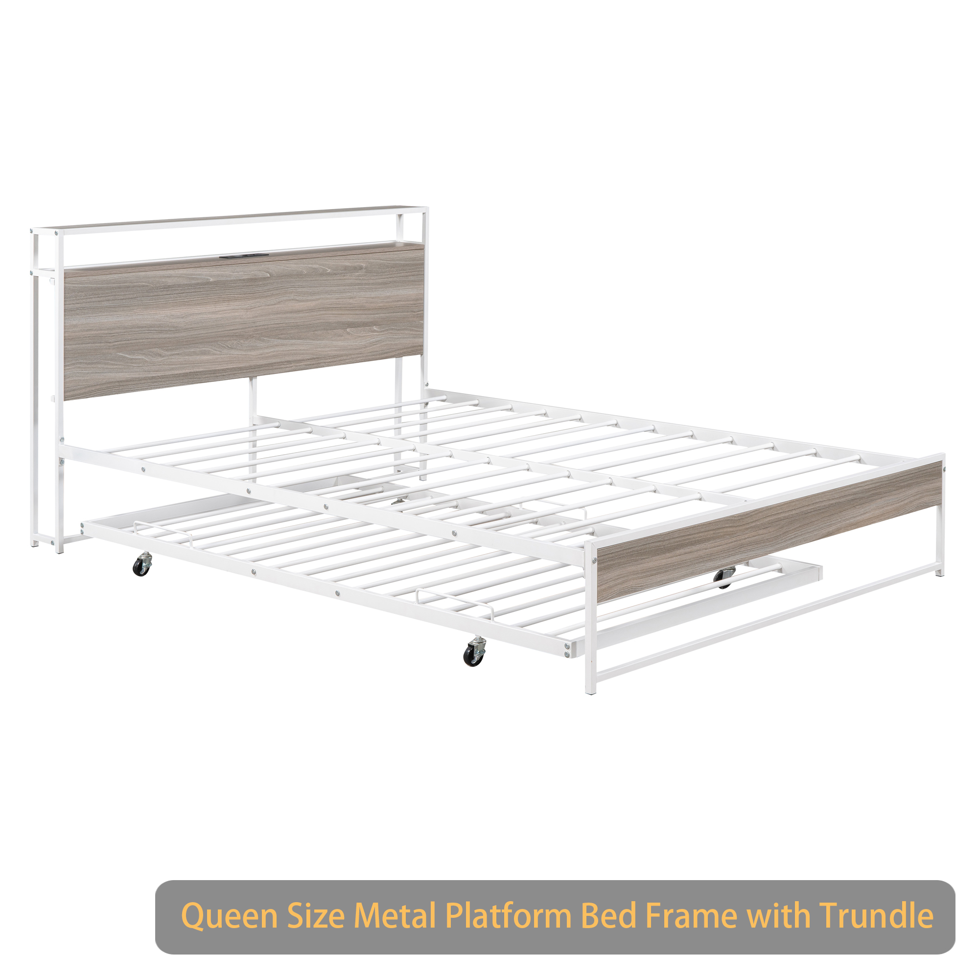 Queen Size Metal Platform Bed Frame with Trundle, USB Ports and Slat Support ,No Box Spring Needed White