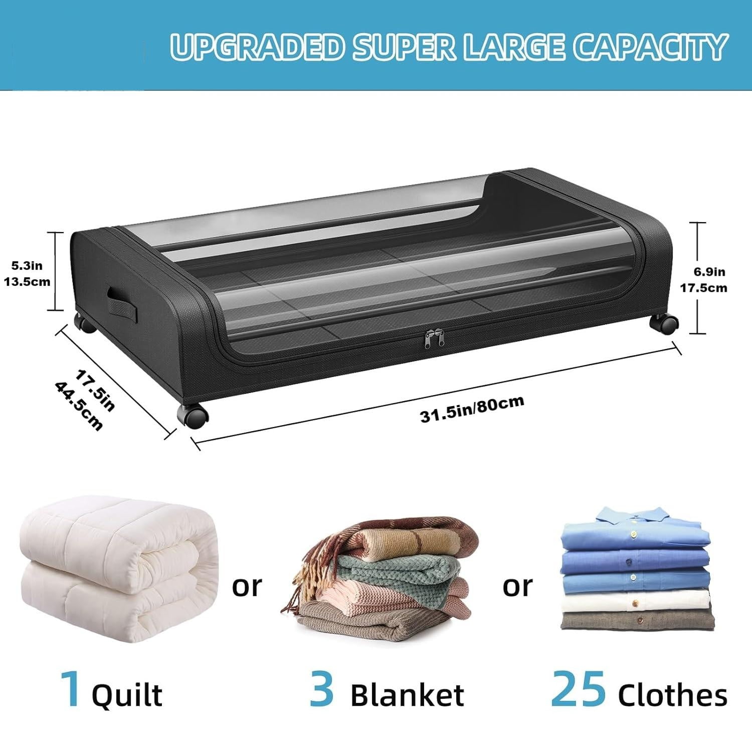 2 Pack Under Bed Storage with Wheels, Under Bed Shoe Storage Larger Capacity with PVC Clear Window & Label, Under the Bed Storage Containers for Shoe Clothes Toy Book