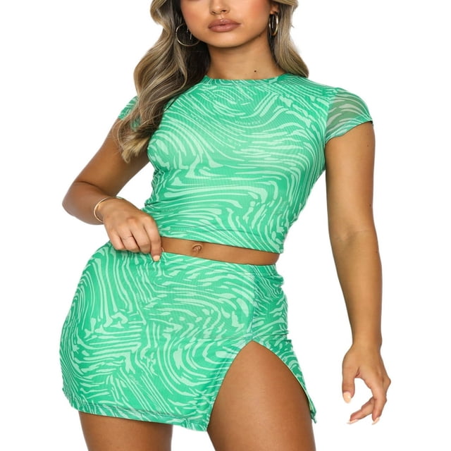 Women‘s Short Skirts Outfits Ripple Pattern/Solid Color Short Sleeve Tops + High Waist Elastic Skirts Set