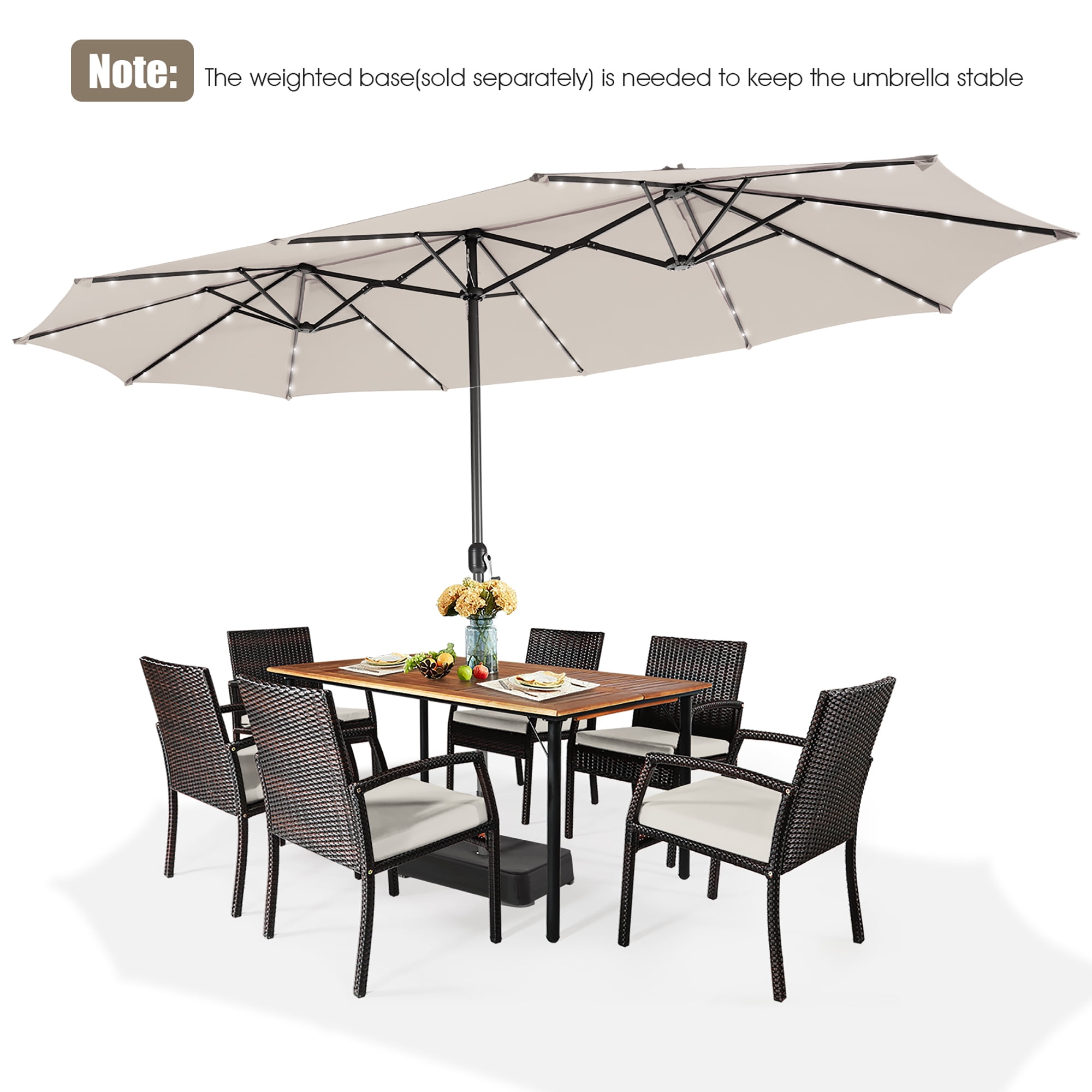 Gymax 15Ft Solar LED Patio Outdoor Double-Sided Umbrella w/ 48 Lights Crank Beige