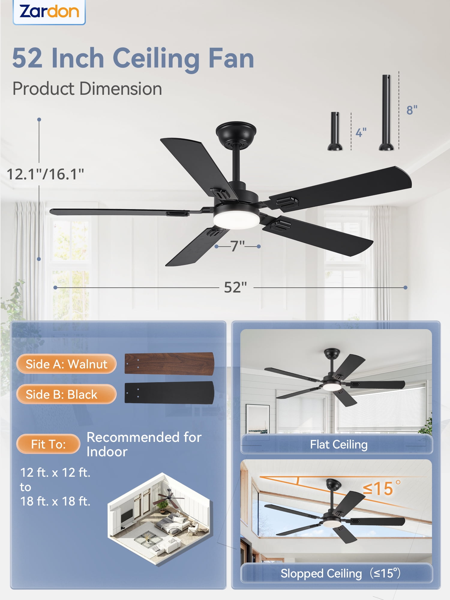 Zardon 52" Modern Black Ceiling Fan with Light and Remote Control, Ultra-Quiet DC Motor, Bright LED Light, 6-Speed, Timer for Bedroom, Living Room