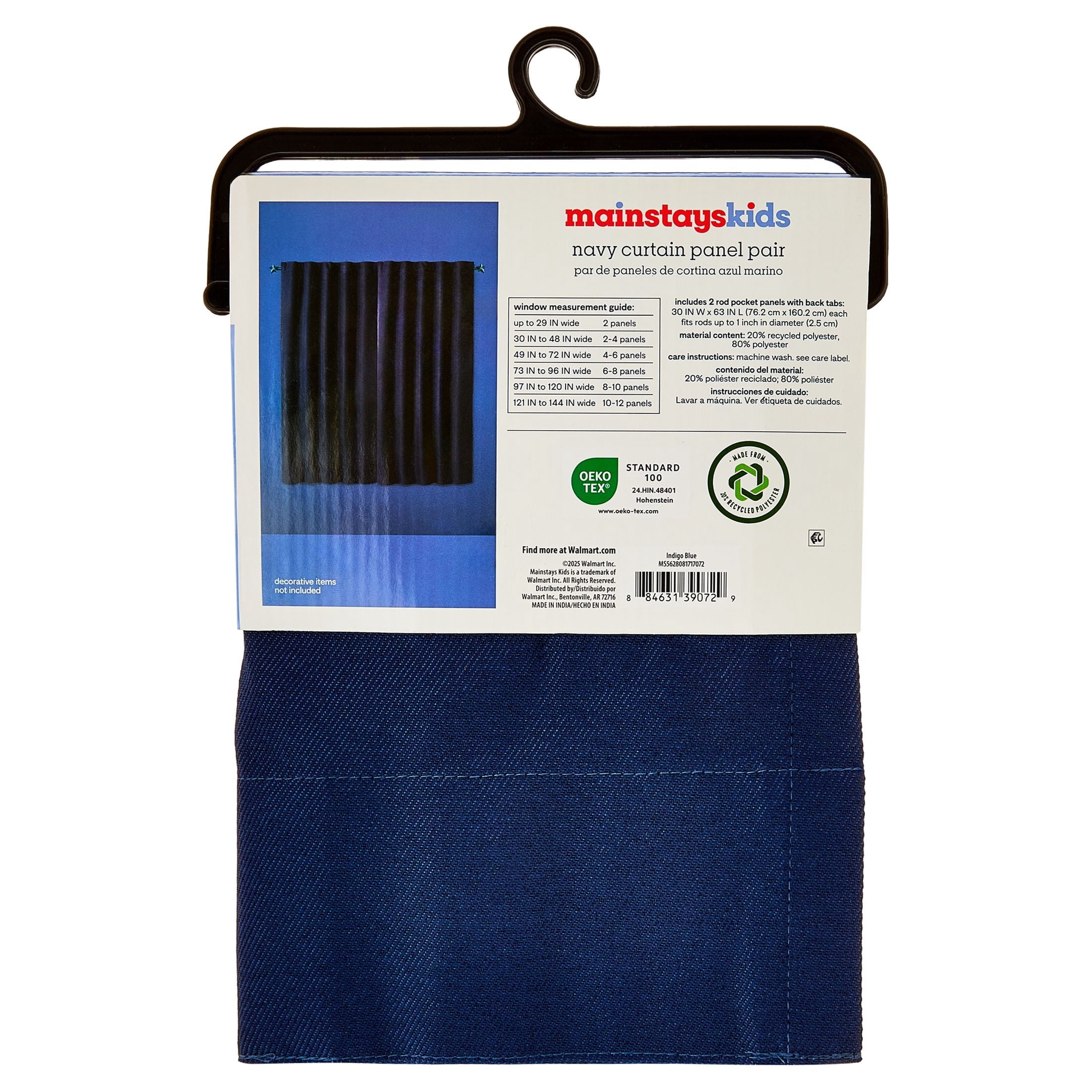 Mainstays Kids Navy Blue Solid Blackout Rod Pocket with Back Tabs Curtain Panel Pair, Set of 2, 30 in x 63 in