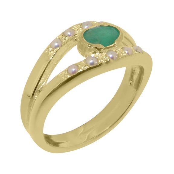 LBG British Made 18k Yellow Gold Natural Emerald & Cultured Pearl Womens Band Ring - 33 size options - Size 10