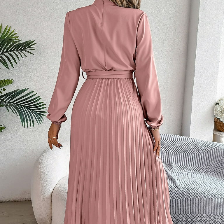 Fsqjgq Elegant Fall Dresses for Women Casual Winter Crewneck Long Sleeve Ruffle Flowy Wedding Guest Dresses Tie Waist Pleated Black Midi Dress with