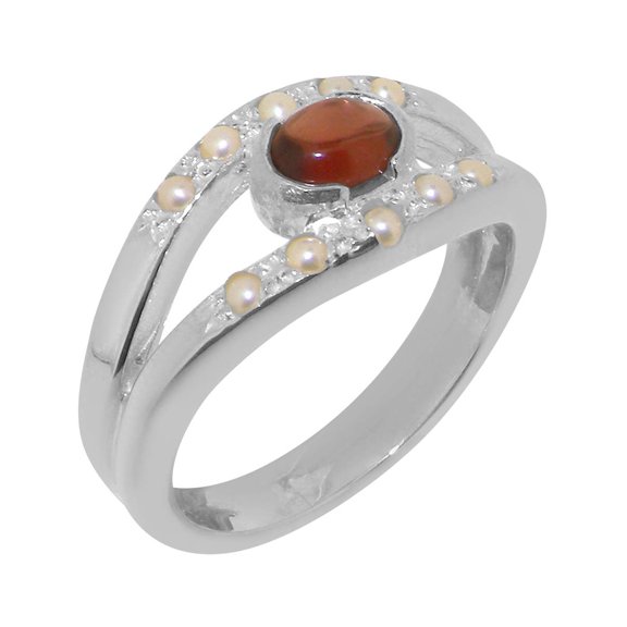 LBG British Made 925 Sterling Silver Natural Garnet & Cultured Pearl Womens Band Ring - 33 size options - Size 10