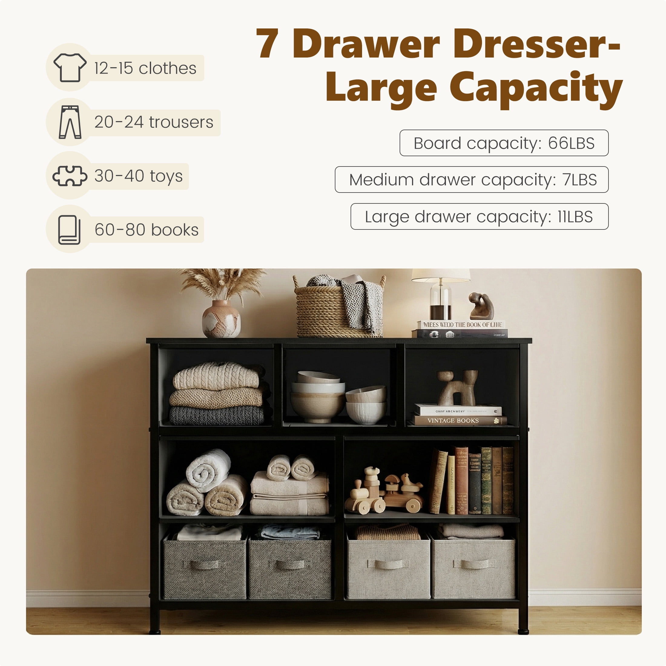 CONCETTA 7-Drawer Fabric Dresser Storage Chest for Bedroom, Closet, Storage Furniture for Adults, Black Wood