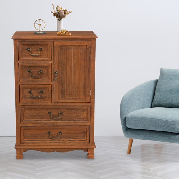 Coffee Color Solid Wood 57*32*87cm Drawers And Cupboards 5 Layer Bedroom Storage Locker