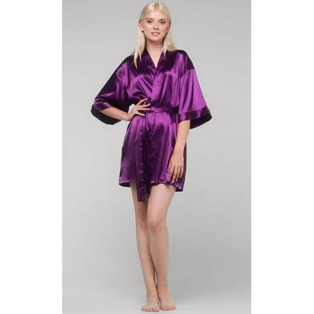 Kimono robes for Women Satin Silk lingerie robe  Short V-Neck For Female Sleepwear Loungewear bridal party bridesmaid wedding - Purple - Large