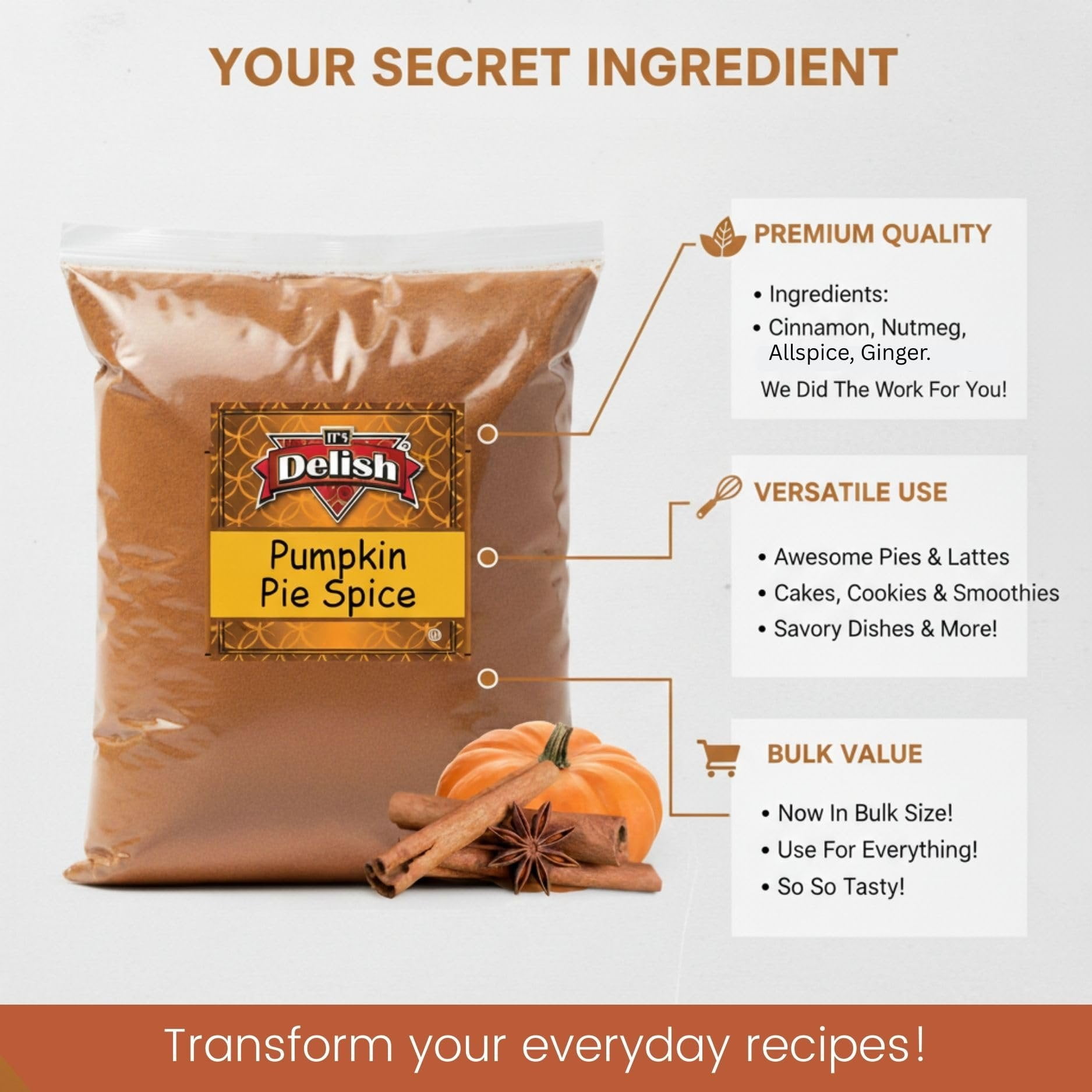 Gourmet Pumpkin Pie Spice Powder by It's Delish, 10 lbs Bulk Bag  Awesome Pumkin and Apple Pies Seasoning  Coffee Latte Tea Holiday Baking  Blend of Cinnamon, Nutmeg, Allspice, Ginger  Kosher