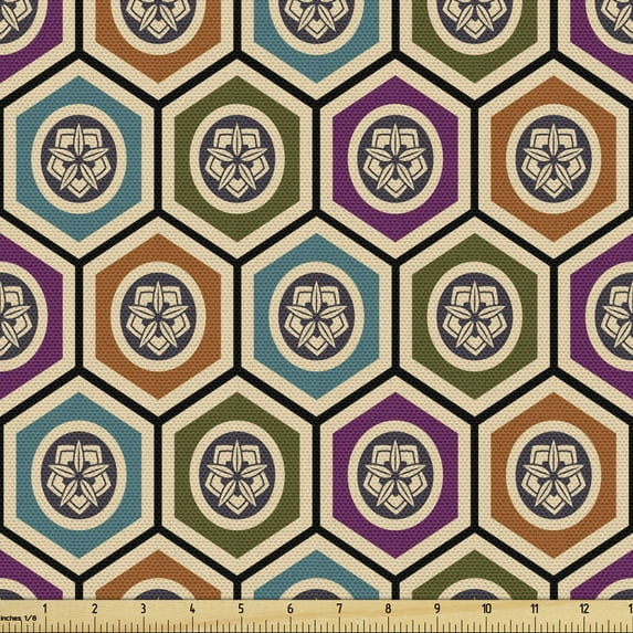 Geometrical Fabric by the Yard Upholstery, Japanese Flowers Pattern Inside Colorful Hexagons Shapes in Periodic Design, Decorative Fabric for DIY and Home Accents, Multicolor by Ambesonne